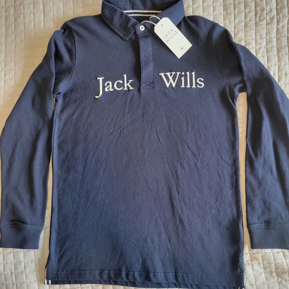 NWT Boys Jack Wills Script Tipped Long Sleeve Polo Size XL (14 - 16) Navy Color